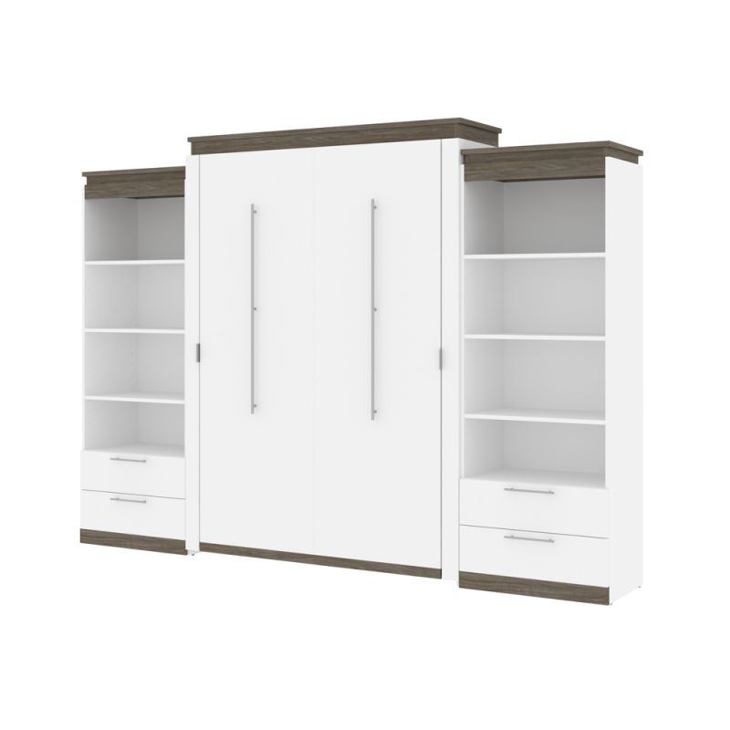 Bestar - Orion 124W Queen Murphy Bed and 2 Shelving Units with Drawers (125W) in White & Walnut Grey - 116887-000017