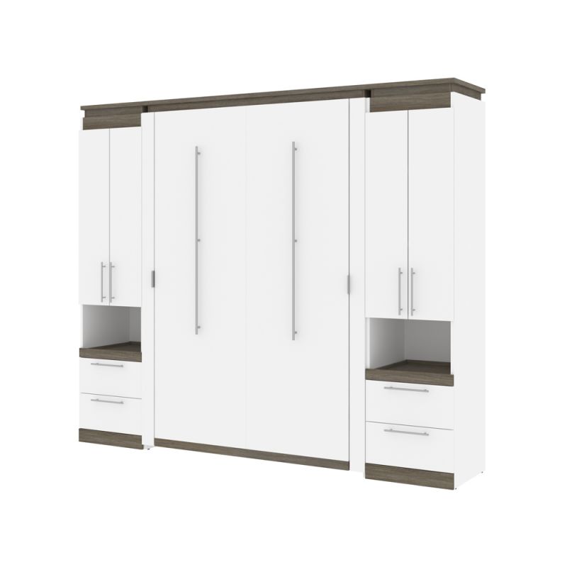 Bestar - Orion 98W Full Murphy Bed and 2 Storage Cabinets with Pull-Out Shelves (99W) in White & Walnut Grey - 116899-000017