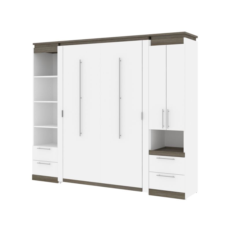 Bestar - Orion 98W Full Murphy Bed and Narrow Storage Solutions with Drawers (99W) in White & Walnut Grey - 116862-000017