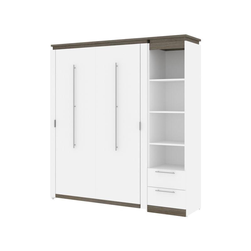 Bestar - Orion Full Murphy Bed and Narrow Shelving Unit with Drawers (79W) in White & Walnut Grey - 116891-000017