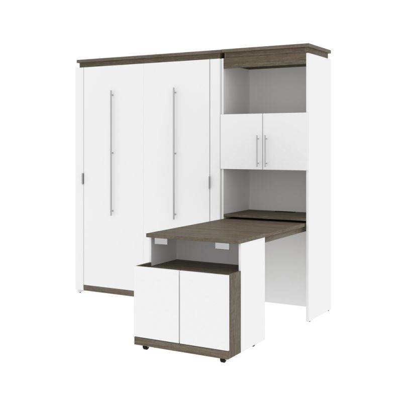 Bestar - Orion Full Murphy Bed and Shelving Unit with Fold-Out Desk (89W) in White & Walnut Grey - 116865-000017