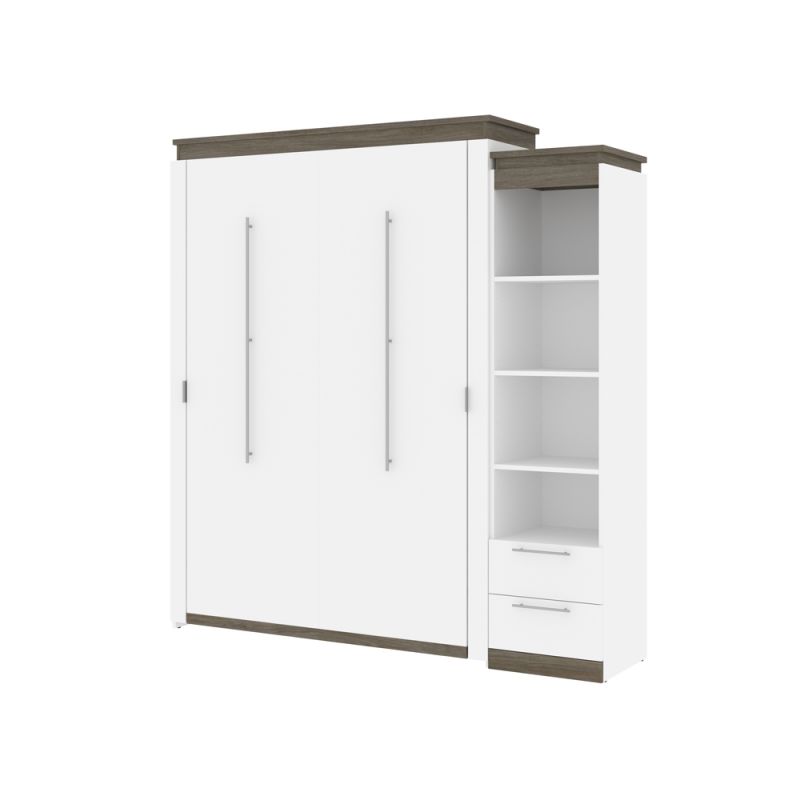 Bestar - Orion Queen Murphy Bed and Narrow Shelving Unit with Drawers (85W) in White & Walnut Grey - 116881-000017