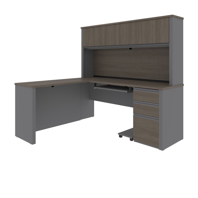 Bestar - Prestige + 72W L-Shaped Desk with Pedestal and Hutch in Bark Grey & Slate - 99872-000047