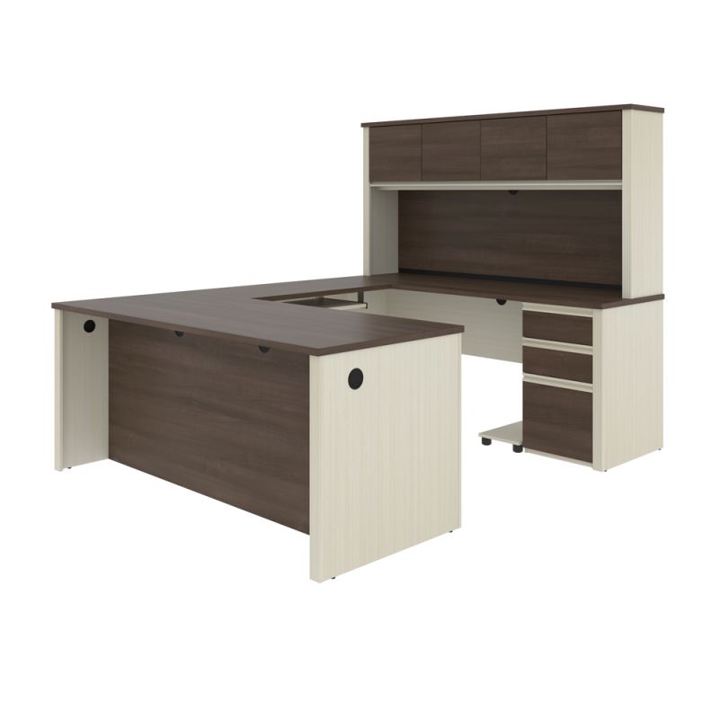 Bestar - Prestige + 72W U-Shaped Executive Desk with 2 Pedestals and Hutch in White Chocolate & Antigua - 99853-52
