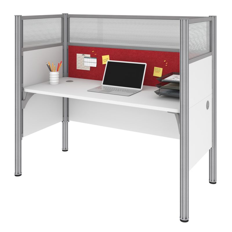 Bestar - Pro-Biz 63W Single Office Cubicle with Red Tack Board and High Privacy Panels in White - 100871DR-17