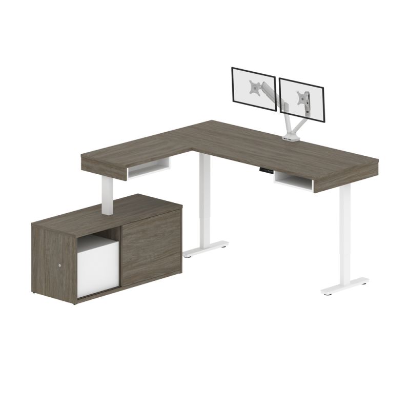 Bestar - Pro-Vega 81W L-Shaped Standing Desk with Dual Monitor Arm and Credenza in Walnut Grey & White - 130851-000035
