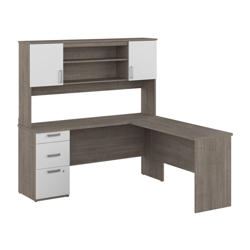 Bestar - Ridgeley 65W L Shaped Desk with Hutch in Silver Maple & Pure White - 152853-000144