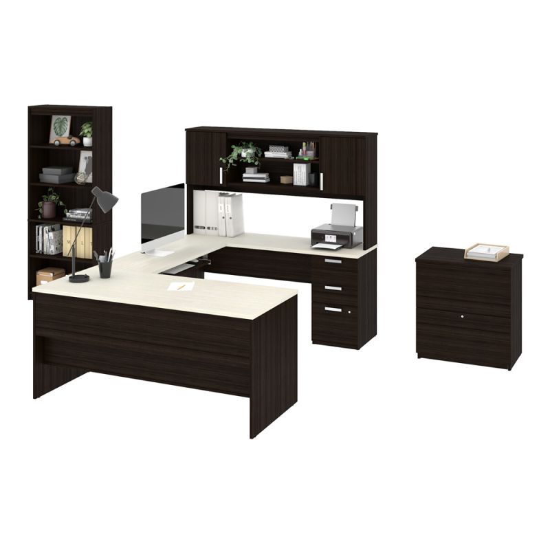 Bestar - Ridgeley 65W U-Shaped Desk with Hutch, Lateral File Cabinet, and Bookcase in White Chocolate - 52850-31