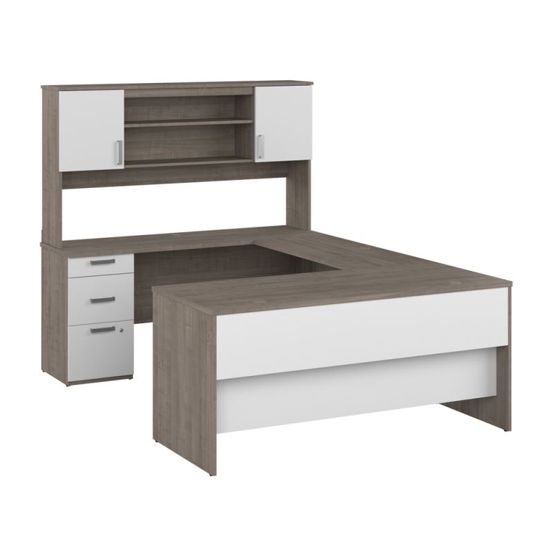 Bestar - Ridgeley 65W U Shaped Desk with Hutch in Silver Maple & Pure White - 152857-000144