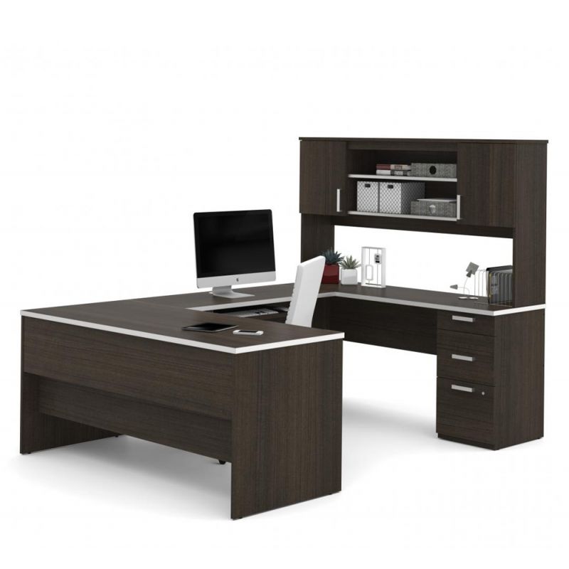 Bestar - Ridgeley 65W U-Shaped Executive Desk with Pedestal and Hutch in Dark Chocolate - 52414-79