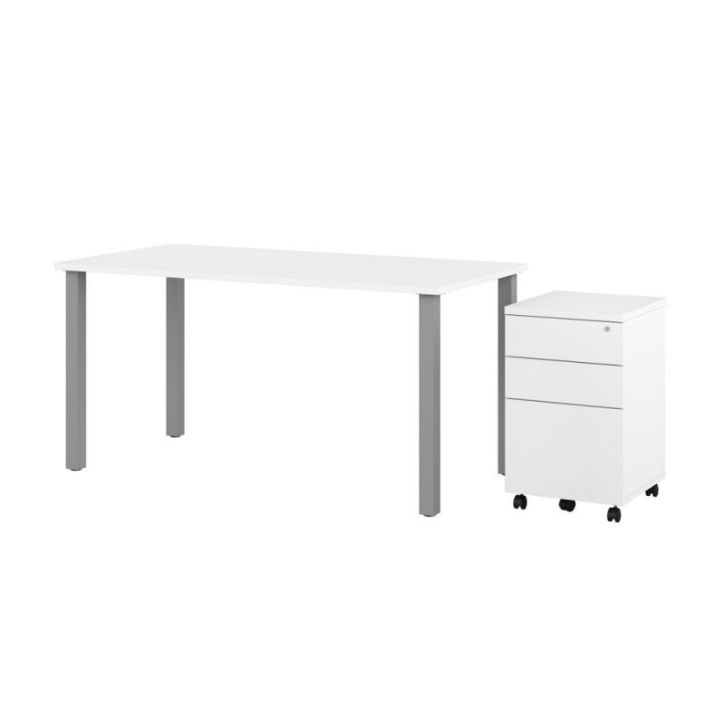 Bestar - Universel 60W X 30D Table Desk with Assembled Mobile Pedestal in White - 65894-17