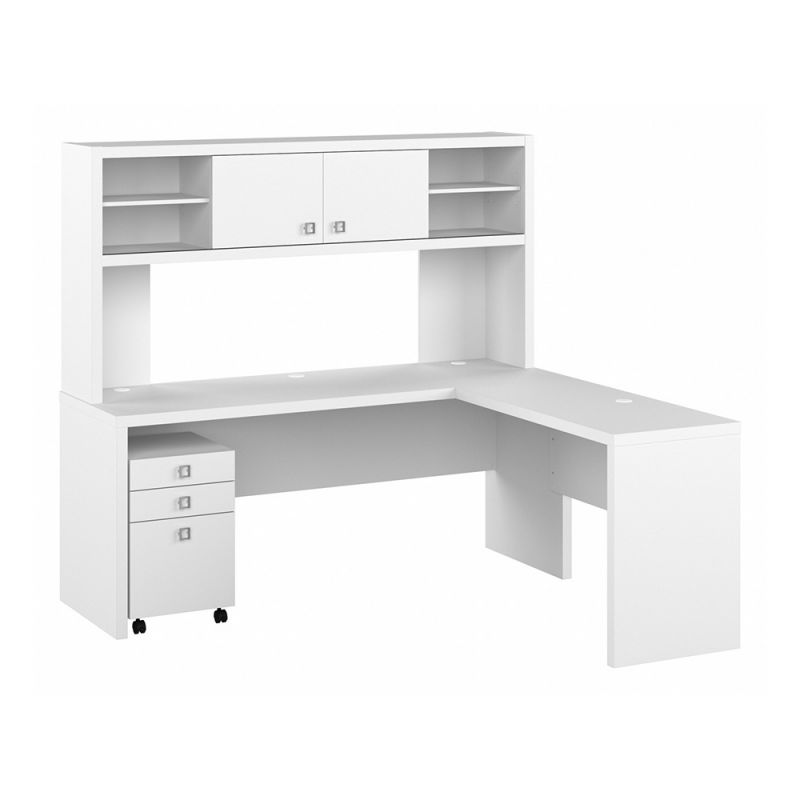 Bush Business Furniture - Echo 72W L Shaped Computer Desk with Hutch and 3 Drawer Mobile File Cabinet in Pure White - ECH051PW