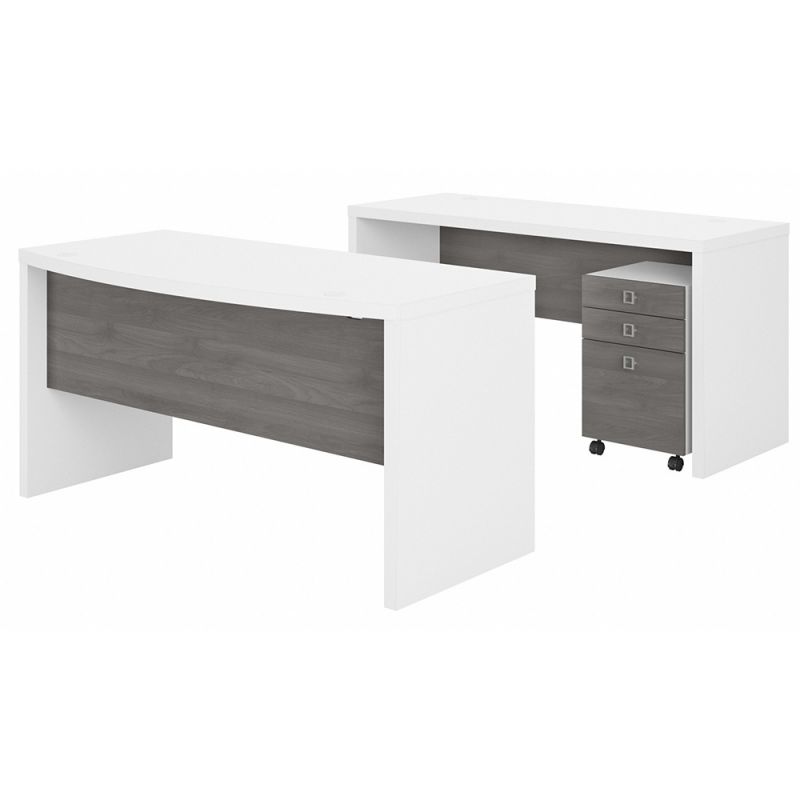 Bush Business Furniture - Echo Bow Front Desk and Credenza with Mobile File Cabinet in Pure White and Modern Gray - ECH010WHMG