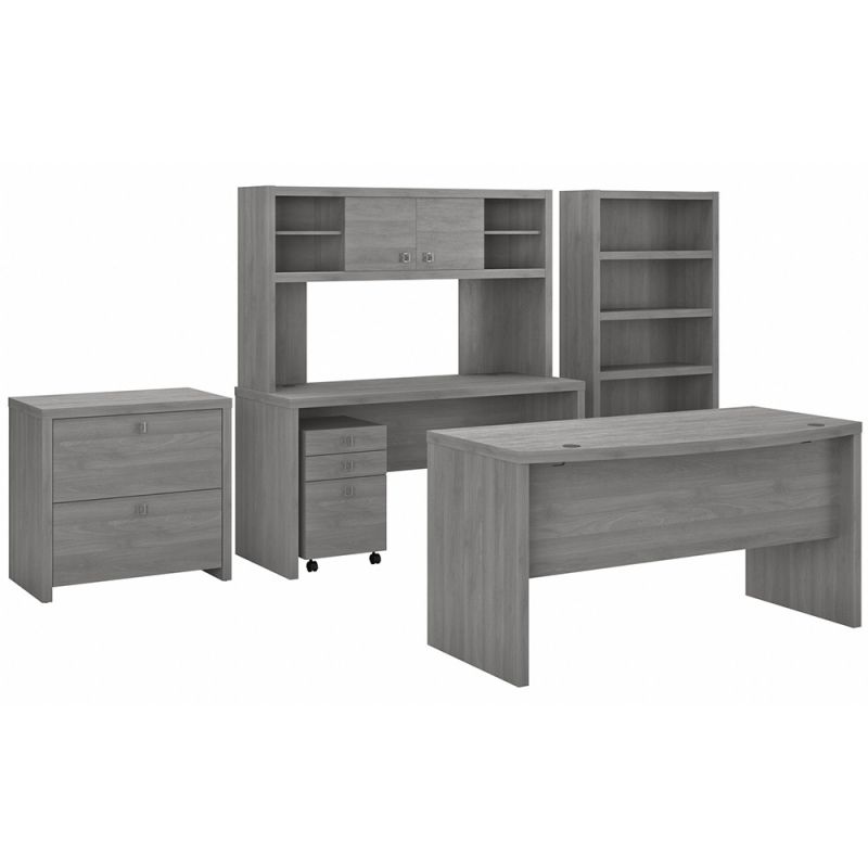 Bush Business Furniture - Echo Bow Front Desk, Credenza with Hutch, Bookcase and File Cabinets in Modern Gray - ECH029MG