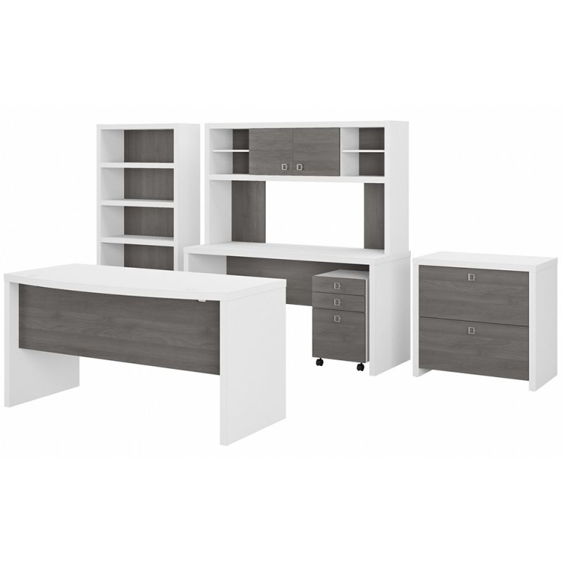Bush Business Furniture - Echo Bow Front Desk, Credenza with Hutch, Bookcase and File Cabinets in Pure White and Modern Gray - ECH029WHMG