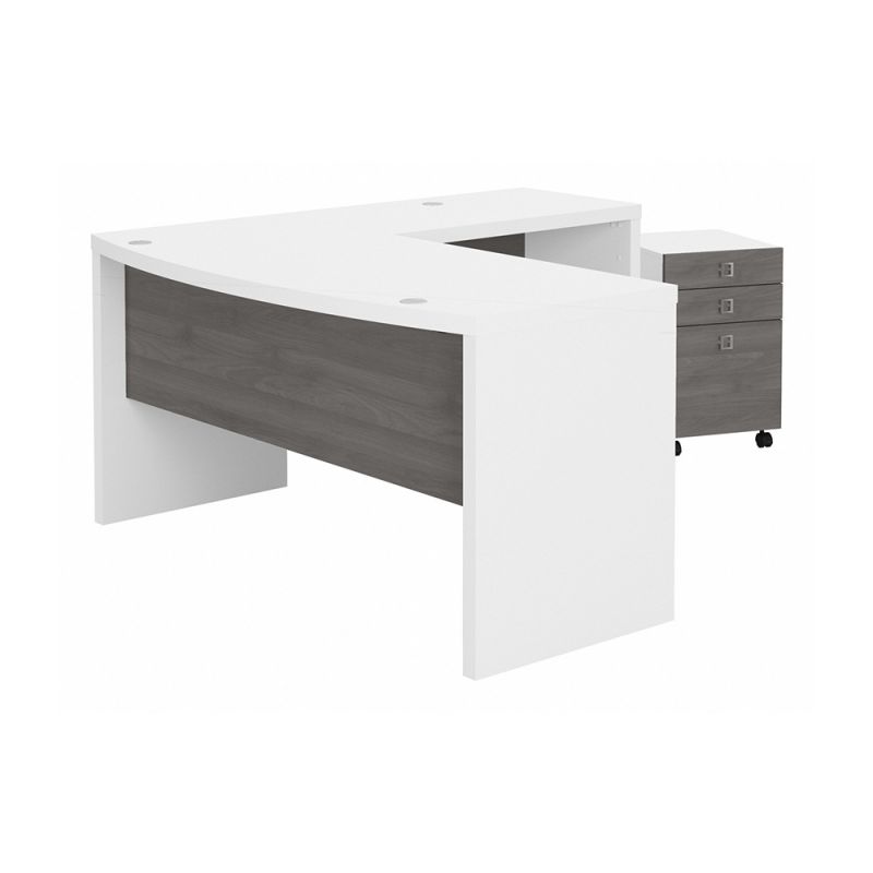 Bush Business Furniture - Echo L Shaped Bow Front Desk with Mobile File Cabinet in Pure White and Modern Gray - ECH007WHMG