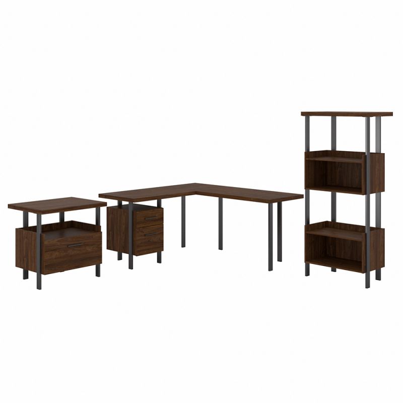 Bush Furniture - Architect 60W L Shaped Desk with Lateral File Cabinet and 4 Shelf Bookcase in Modern Walnut - ACT006MW