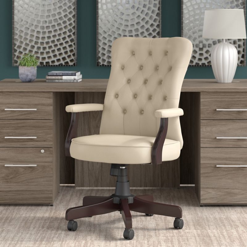Bush Furniture - Arden Lane High Back Tufted Office Chair with Arms in Antique White Leather - CH2303AWL-03