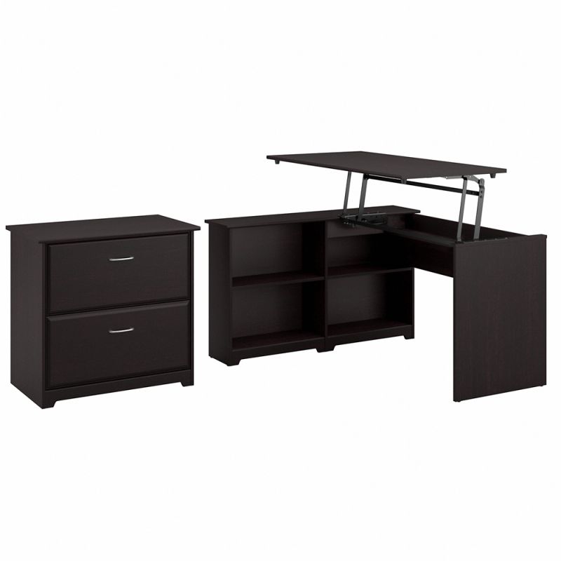 Bush Furniture - Cabot 52W 3 Position Sit to Stand Corner Bookshelf Desk with Lateral File Cabinet in Espresso Oak - CAB056EPO