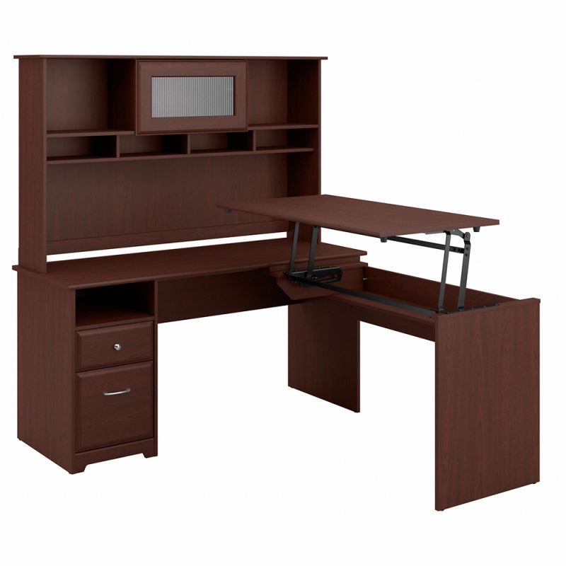 Bush Furniture - Cabot 60W 3 Position L Shaped Sit to Stand Desk with Hutch in Harvest Cherry - CAB045HVC