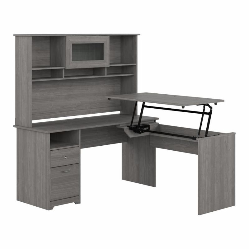 Bush Furniture - Cabot 60W 3 Position Sit to Stand L Shaped Desk with Hutch in Modern Gray - CAB045MG