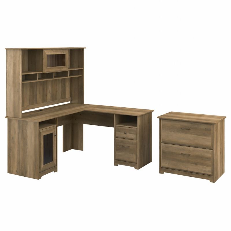 Bush Furniture - Cabot 60W L Shaped Computer Desk with Hutch and Lateral File Cabinet in Reclaimed Pine - CAB005RCP