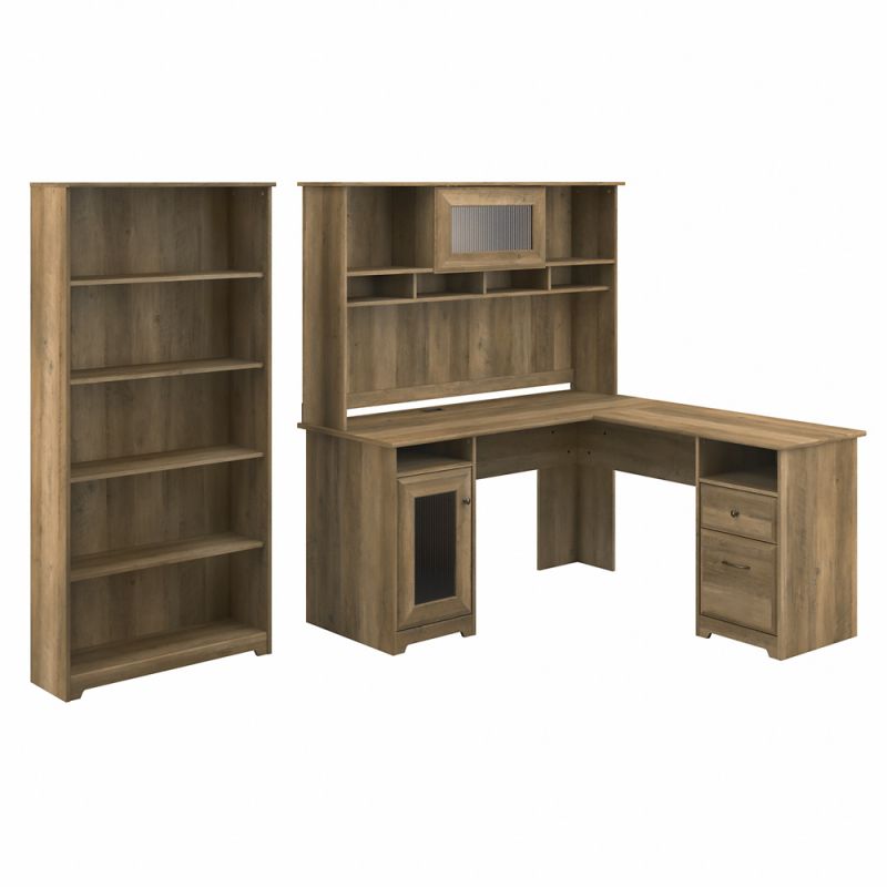 Bush Furniture - Cabot 60W L Shaped Computer Desk with Hutch and 5 Shelf Bookcase in Reclaimed Pine - CAB011RCP