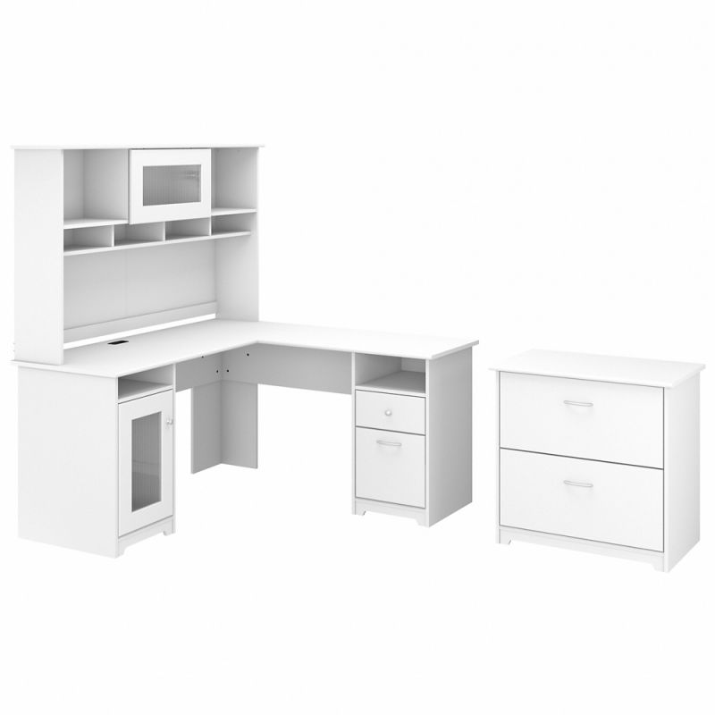 Bush Furniture - Cabot 60W L Shaped Computer Desk with Hutch and Lateral File Cabinet in White - CAB005WHN