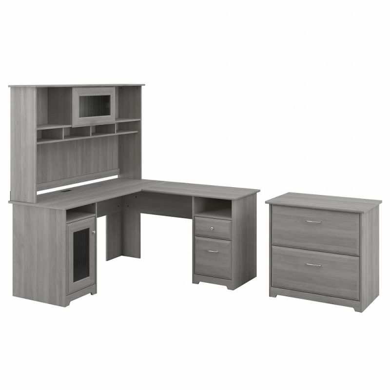 Bush Furniture - Cabot 60W L Shaped Computer Desk with Hutch and Lateral File Cabinet in Modern Gray - CAB005MG