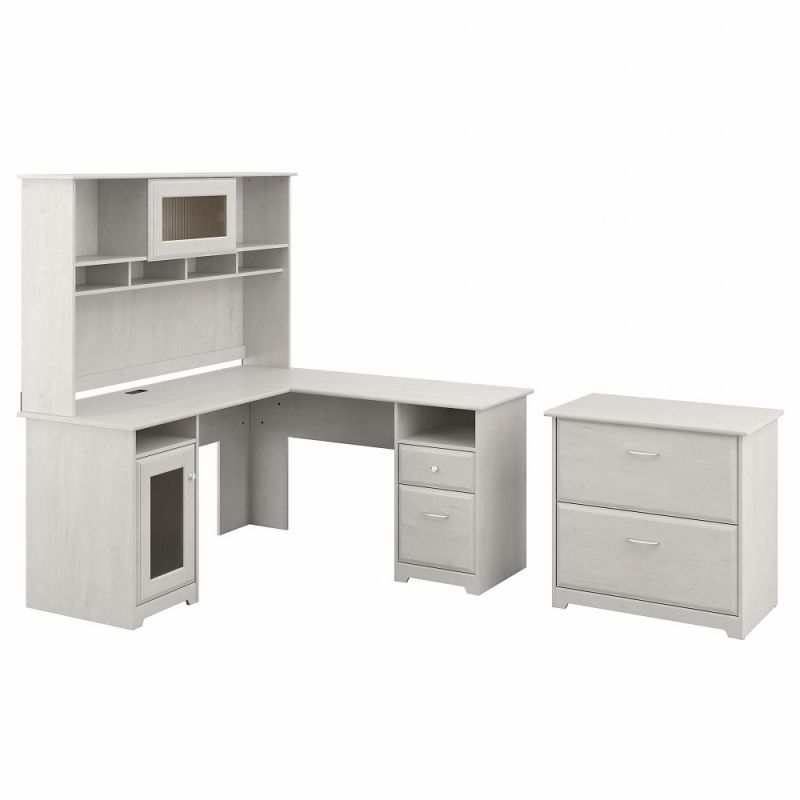 Bush Furniture - Cabot 60W L Shaped Computer Desk with Hutch and Lateral File Cabinet in Linen White Oak - CAB005LW