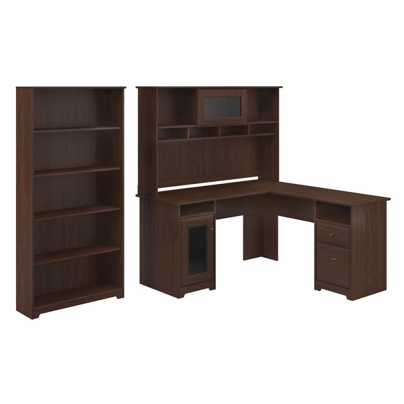 Bush Furniture - Cabot 60W L Shaped Computer Desk with Hutch and 5 Shelf Bookcase in Modern Walnut - CAB011MW
