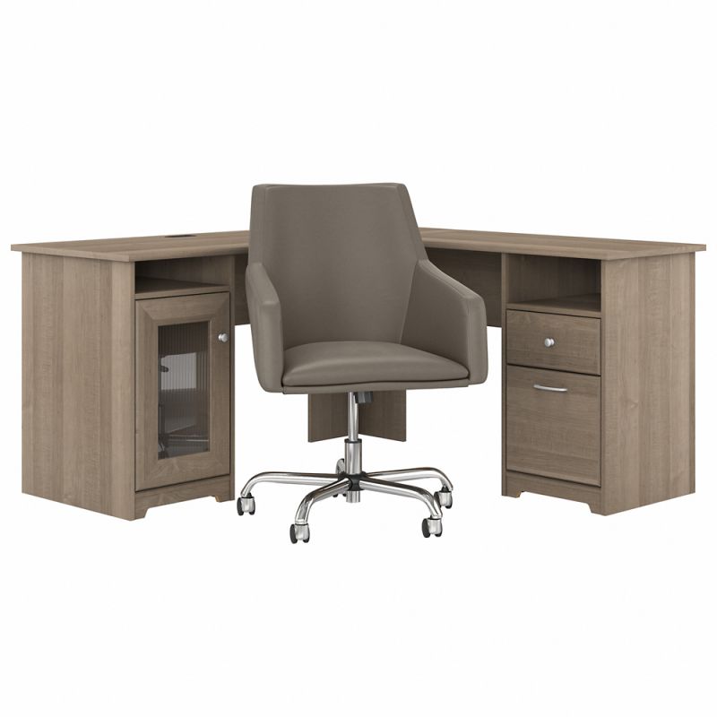 Bush Furniture - Cabot 60W L Shaped Computer Desk with Mid Back Leather Box Chair in Ash Gray - CAB059AG