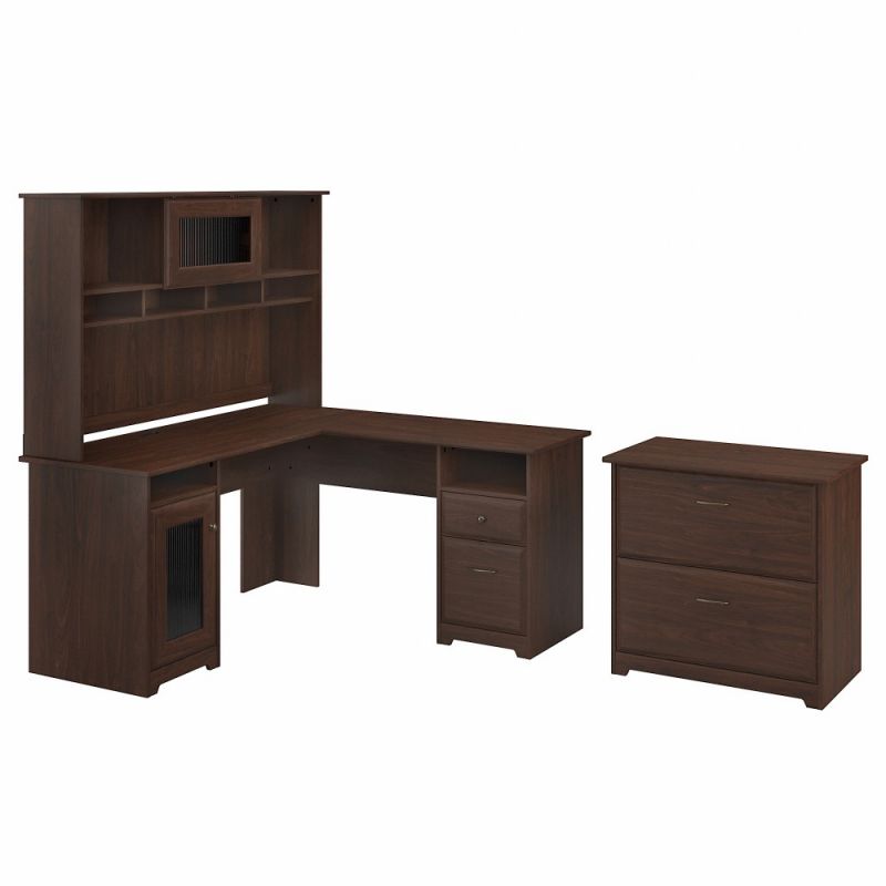 Bush Furniture - Cabot 60W L Shaped Computer Desk with Hutch and Lateral File Cabinet in Modern Walnut - CAB005MW