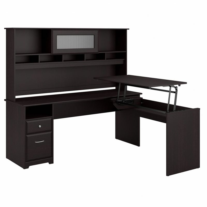 Bush Furniture - Cabot 72W 3 Position L Shaped Sit to Stand Desk with Hutch in Espresso Oak - CAB052EPO