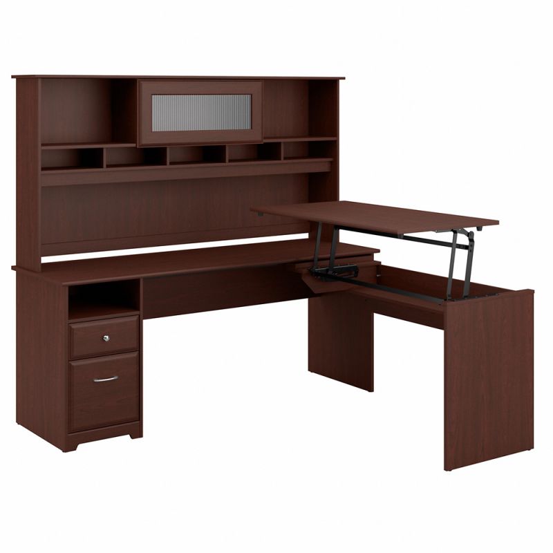 Bush Furniture - Cabot 72W 3 Position L Shaped Sit to Stand Desk with Hutch in Harvest Cherry - CAB052HVC