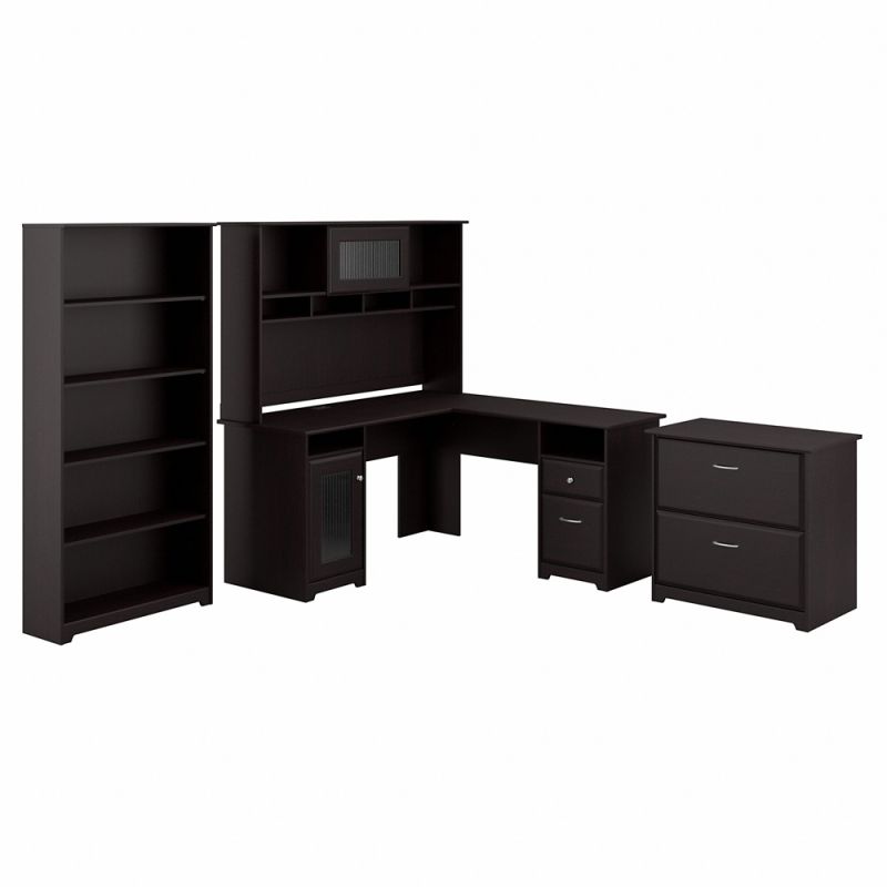 Bush Furniture - Cabot L Shaped Desk with Hutch, Lateral File Cabinet and 5 Shelf Bookcase in Espresso Oak - CAB010EPO