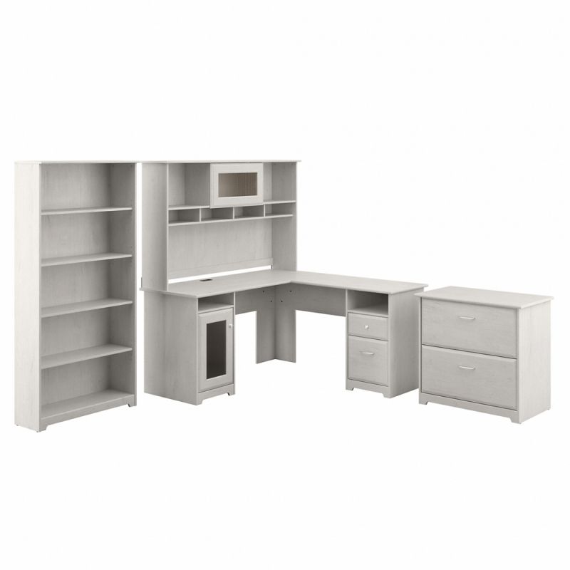 Bush Furniture - Cabot L Shaped Desk with Hutch, Lateral File Cabinet and 5 Shelf Bookcase in Linen White Oak - CAB010LW