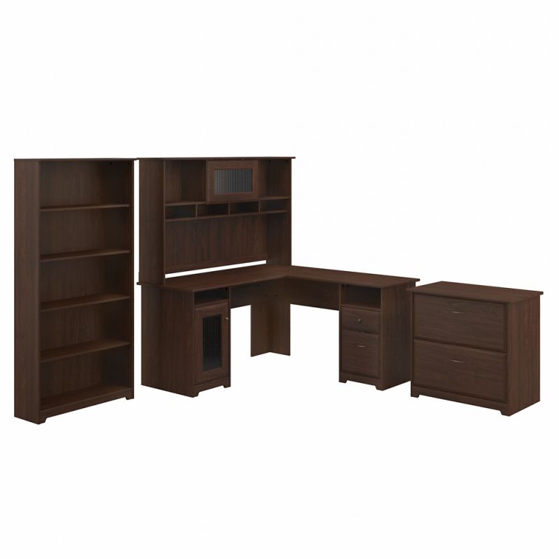 Bush Furniture - Cabot L Shaped Desk with Hutch, Lateral File Cabinet and 5 Shelf Bookcase in Modern Walnut - CAB010MW