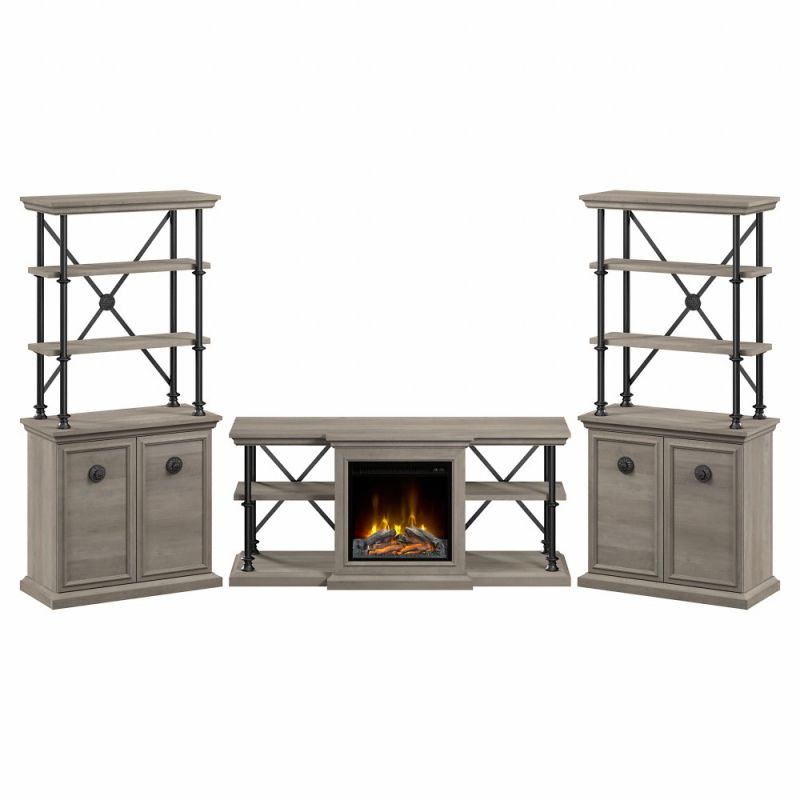 Bush Furniture - Coliseum 60W Electric Fireplace TV Stand with Two Bookcases in Driftwood Gray - CSM011DG
