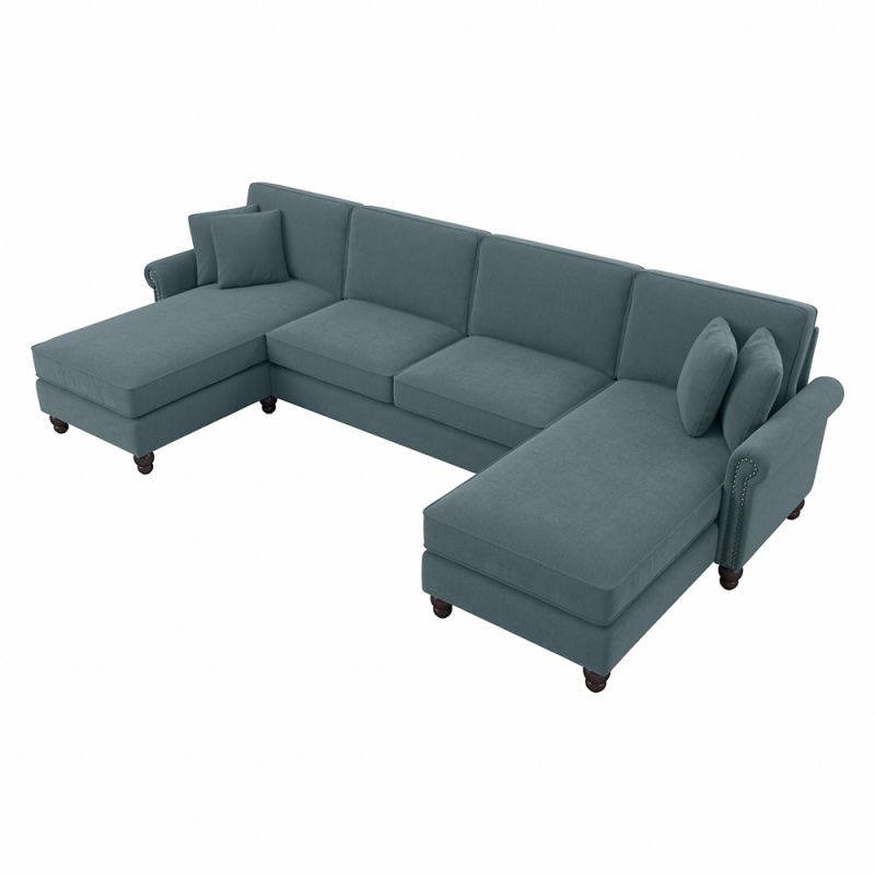 Bush Furniture - Coventry 131W Sectional Couch with Double Chaise Lounge in Turkish Blue Herringbone - CVY130BTBH-03K