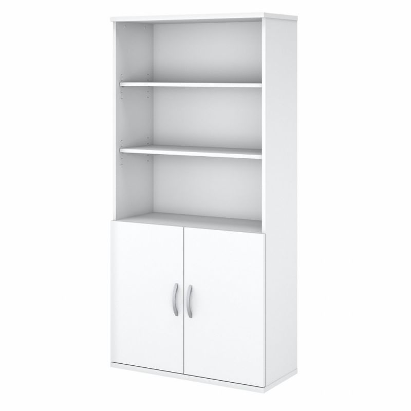 Bush Furniture - Easy Office 5 Shelf Bookcase with Doors in Pure White - EO106WH