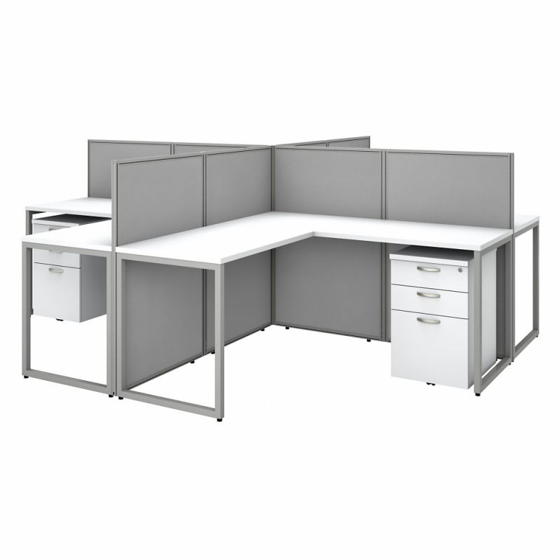 Bush Furniture - Easy Office 60W 4 Person L Shaped Cubicle Desk with Drawers and 45H Panels in Pure White - EOD760SWH-03K