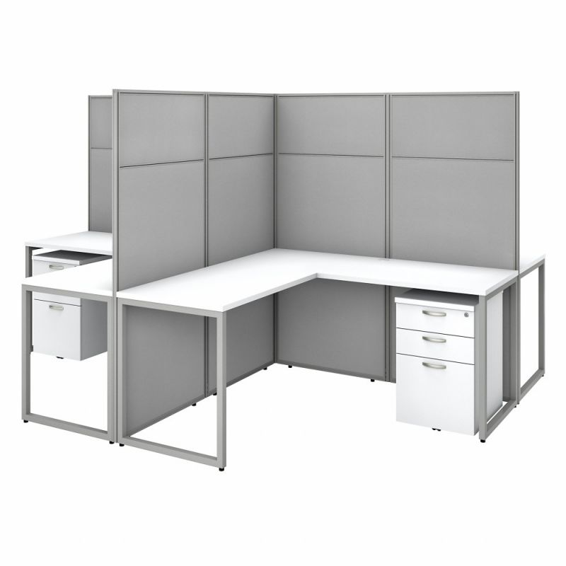 Bush Furniture - Easy Office 60W 4 Person L Shaped Cubicle Desk with Drawers and 66H Panels in Pure White - EODH76SWH-03K