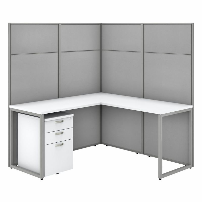 Bush Furniture - Easy Office 60W L Shaped Cubicle Desk with File Cabinet and 66H Panels in Pure White - EODH36SWH-03K