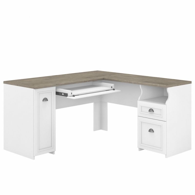 Bush Furniture - Fairview 60W L Shaped Desk with Drawers and Storage Cabinet in Pure White and Shiplap Gray - WC53630-03K