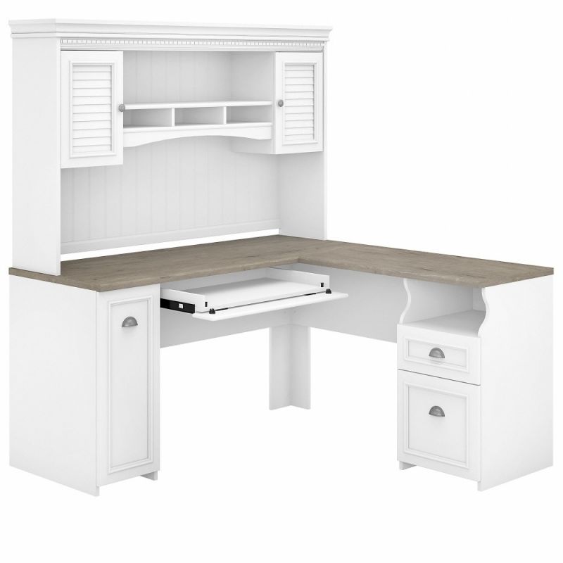 Bush Furniture - Fairview 60W L Shaped Desk with Hutch in Pure White and Shiplap Gray - FV004G2W