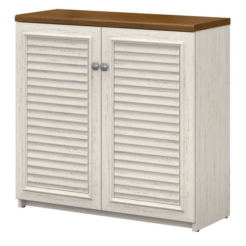 Bush Furniture - Fairview Small Storage Cabinet with Doors in Antique White and Tea Maple - WC53296-03