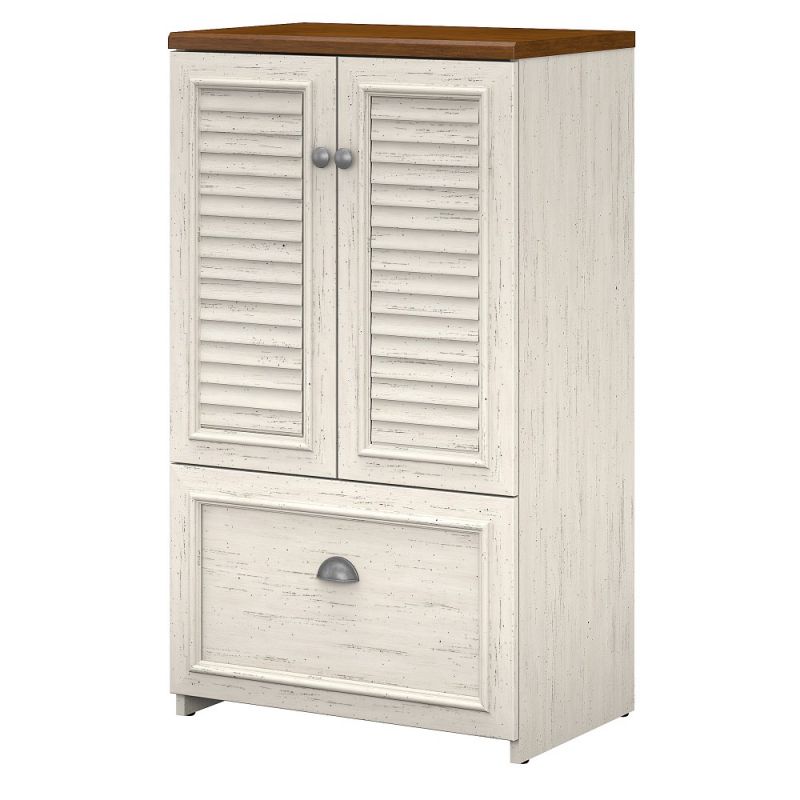 Bush Furniture - Fairview Storage Cabinet with Drawer in Antique White and Tea Maple - WC53280-03