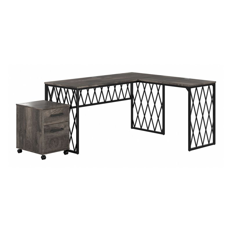 Bush Furniture - City Park 60W Industrial L Shaped Desk with Mobile File Cabinet in Dark Gray Hickory - CPK005GH