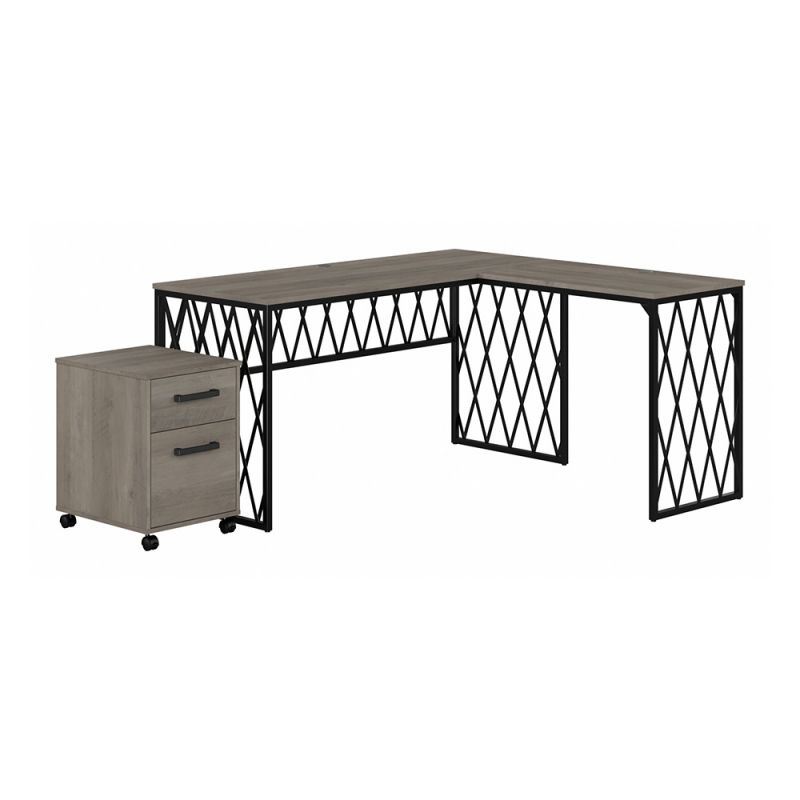 Bush Furniture - City Park 60W Industrial L Shaped Desk with Mobile File Cabinet in Driftwood Gray - CPK005DG